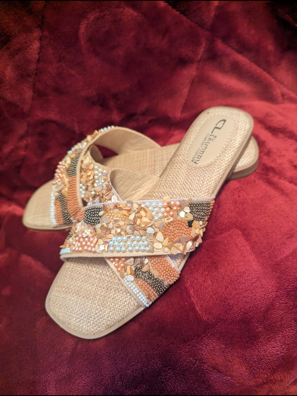 CL by Chinese Laundry Beige Multicolor Beaded Slide Sandals
